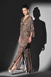 Shop_Nikita Mhaisalkar_Brown Georgette Embroidery V-neck Geometric Print Kaftan _at_Aza_Fashions