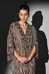 Shop_Nikita Mhaisalkar_Brown Georgette Embroidery V-neck Geometric Print Kaftan _Online_at_Aza_Fashions