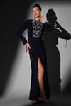 Shop_Nikita Mhaisalkar_Blue Embroidery Round Neck Indigo Front Slit Dress _Online_at_Aza_Fashions