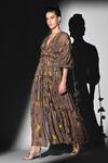Nikita Mhaisalkar_Brown Georgette Beads V-neck Geometric Canary Printed Maxi Dress _Online_at_Aza_Fashions