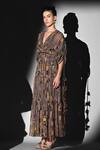 Buy_Nikita Mhaisalkar_Brown Georgette Beads V-neck Geometric Canary Printed Maxi Dress _Online_at_Aza_Fashions