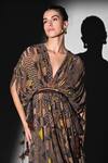 Shop_Nikita Mhaisalkar_Brown Georgette Beads V-neck Geometric Canary Printed Maxi Dress _Online_at_Aza_Fashions