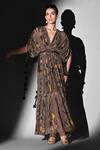 Buy_Nikita Mhaisalkar_Brown Georgette Beads V-neck Geometric Canary Printed Maxi Dress _at_Aza_Fashions