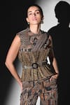 Nikita Mhaisalkar_Brown Georgette Sequins Asymmetric Geometric Print Bodysuit And Pant Set _at_Aza_Fashions