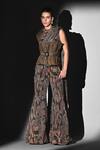 Buy_Nikita Mhaisalkar_Brown Georgette Sequins Asymmetric Geometric Print Bodysuit And Pant Set _at_Aza_Fashions
