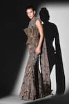 Nikita Mhaisalkar_Brown Tulle Cut Work Round Neck Gold Embroidered Corset And Belt _Online_at_Aza_Fashions