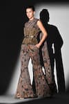 Buy_Nikita Mhaisalkar_Brown Tulle Cut Work Round Neck Gold Embroidered Corset And Belt _Online_at_Aza_Fashions