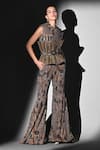 Shop_Nikita Mhaisalkar_Brown Tulle Cut Work Round Neck Gold Embroidered Corset And Belt _Online_at_Aza_Fashions