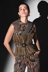 Buy_Nikita Mhaisalkar_Brown Tulle Cut Work Round Neck Gold Embroidered Corset And Belt _at_Aza_Fashions