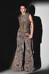 Nikita Mhaisalkar_Brown Tulle Cut Work Round Neck Gold Embroidered Corset And Belt _at_Aza_Fashions