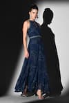 Nikita Mhaisalkar_Blue Georgette Zari Keyhole Neck Indigo Swirl Print Maxi Dress _Online_at_Aza_Fashions