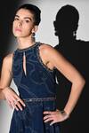 Nikita Mhaisalkar_Blue Georgette Zari Keyhole Neck Indigo Swirl Print Maxi Dress _at_Aza_Fashions