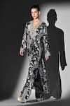 Nikita Mhaisalkar_Black Silk, Crepe Embroidery V-neck Swirl Print Kurta Set _Online_at_Aza_Fashions