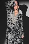 Shop_Nikita Mhaisalkar_Black Silk, Crepe Embroidery V-neck Swirl Print Kurta Set _Online_at_Aza_Fashions