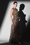 Nikita Mhaisalkar_Brown Georgette Sequins Round Neck Geometric Print Bodysuit And Skirt Set _Online_at_Aza_Fashions