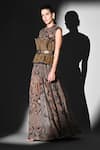 Buy_Nikita Mhaisalkar_Brown Georgette Sequins Round Neck Geometric Print Bodysuit And Skirt Set _Online_at_Aza_Fashions