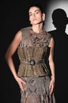 Shop_Nikita Mhaisalkar_Brown Georgette Sequins Round Neck Geometric Print Bodysuit And Skirt Set _Online_at_Aza_Fashions