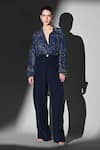 Buy_Nikita Mhaisalkar_Blue Georgette Beads Collared, V-neck Indigo Swirl Printed Shirt _Online_at_Aza_Fashions