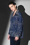 Shop_Nikita Mhaisalkar_Blue Georgette Beads Collared, V-neck Indigo Swirl Printed Shirt _Online_at_Aza_Fashions