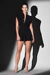 Buy_Nikita Mhaisalkar_Black Linen Plunge Neck Pleated Luxe Short Dress _at_Aza_Fashions