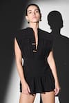 Buy_Nikita Mhaisalkar_Black Linen Plunge Neck Pleated Luxe Short Dress _Online_at_Aza_Fashions