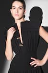 Shop_Nikita Mhaisalkar_Black Linen Plunge Neck Pleated Luxe Short Dress _Online_at_Aza_Fashions