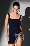 Shop_Nikita Mhaisalkar_Blue Beads Scoop Neck Indigo Crystal Bow Short Dress _Online_at_Aza_Fashions