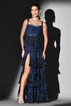 Nikita Mhaisalkar_Blue Georgette Scoop Neck Indigo Swirl Print Peplum Top And Skirt Set _Online_at_Aza_Fashions