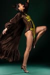Nikita Mhaisalkar_Brown Silk Sequins Open Neck Trench Jacket _Online_at_Aza_Fashions