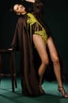 Buy_Nikita Mhaisalkar_Brown Silk Sequins Open Neck Trench Jacket _Online_at_Aza_Fashions