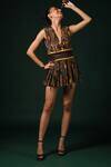 Buy_Nikita Mhaisalkar_Brown Georgette V-neck Geometric Print Pleated Dress _at_Aza_Fashions