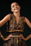 Buy_Nikita Mhaisalkar_Brown Georgette V-neck Geometric Print Pleated Dress _Online_at_Aza_Fashions