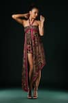 Buy_Nikita Mhaisalkar_Brown Silk Satin Halter Neck Fuchsia Geometric Asymmetrical Dress _at_Aza_Fashions