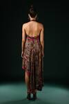 Shop_Nikita Mhaisalkar_Brown Silk Satin Halter Neck Fuchsia Geometric Asymmetrical Dress _at_Aza_Fashions