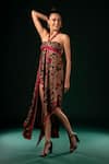 Buy_Nikita Mhaisalkar_Brown Silk Satin Halter Neck Fuchsia Geometric Asymmetrical Dress _Online_at_Aza_Fashions