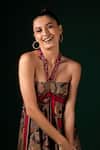 Shop_Nikita Mhaisalkar_Brown Silk Satin Halter Neck Fuchsia Geometric Asymmetrical Dress _Online_at_Aza_Fashions
