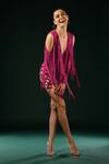 Nikita Mhaisalkar_Fuchsia Tulle Fringe V-neck Silk Thread Bodysuit _Online_at_Aza_Fashions