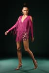 Buy_Nikita Mhaisalkar_Fuchsia Tulle Fringe V-neck Silk Thread Bodysuit _Online_at_Aza_Fashions
