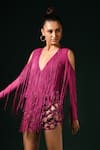 Shop_Nikita Mhaisalkar_Fuchsia Tulle Fringe V-neck Silk Thread Bodysuit _Online_at_Aza_Fashions