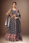 Buy_Samyukta Singhania_Black Chinon Silk Digital Printed Floral Leaf Neck Pattern Blouse Lehenga Set _at_Aza_Fashions