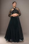 Buy_Samyukta Singhania_Black Natural Crepe Hand Embellished Ruched Halter Neck Blouse Lehenga Set _at_Aza_Fashions