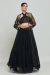 Shop_Samyukta Singhania_Black Natural Crepe Hand Embellished Ruched Halter Neck Blouse Lehenga Set 
