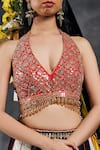 Shop_Vandana Sethi_Black Silk Beads, Embroidery, Sequins Halter Neck And White Designer Lehenga Set 