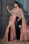 Rimple Agrawal_Rose Gold Crepe, Net Beads Round Neck Foil Pre-draped Saree Set _Online_at_Aza_Fashions