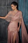 Buy_Rimple Agrawal_Rose Gold Crepe, Net Beads Round Neck Foil Pre-draped Saree Set _Online_at_Aza_Fashions