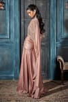 Shop_Rimple Agrawal_Rose Gold Crepe, Net Beads Round Neck Foil Pre-draped Saree Set _at_Aza_Fashions