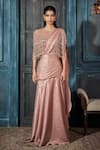 Buy_Rimple Agrawal_Rose Gold Crepe, Net Beads Round Neck Foil Pre-draped Saree Set _at_Aza_Fashions