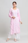 Buy_Samyukta Singhania_Pink Modal, Cotton Embroidery Split V-neck Straight Kurta _at_Aza_Fashions