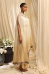 Ekru_Ivory Organza, Modal, Satin Embroidery High Neck Designer Rose Veil Drape Set _at_Aza_Fashions