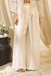 Ekru_Ivory Organza, Linen Embroidery Round Neck Bamboo Foliage Co-ord Set _Online_at_Aza_Fashions